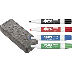 Multicolored dry-erase markers and eraser